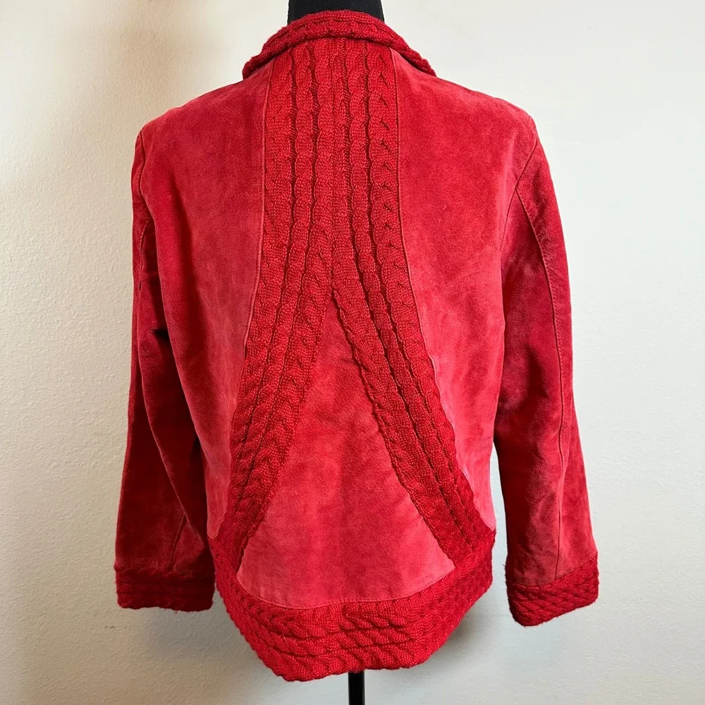 Coldwater Creek Red Suede Leather Jacket Large Knit Trim Button Front Y2K Boho - Picture 2 of 12